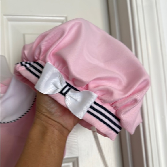 Rare Editions Pink Dress with Navy Striped Accents and Bow with matching hat - Picture 6 of 14